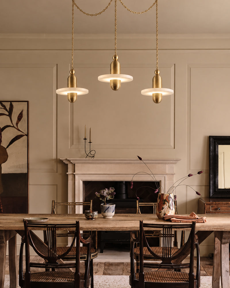 Alabaster Dual Tier Stacked Halo Disc Gold Cluster Pendant Light - Natural Spanish Alabaster, Lux Gold Trim - Living Rooms, Kitchen Islands & Dining Rooms