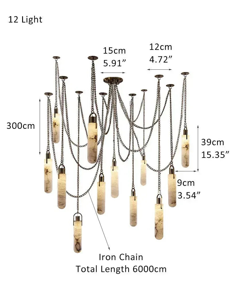 Unique & Modern Multi-Drop Alabaster Pendant Light in aged brass chain 150cm 12 light-D9*H39CM D3.54*H15.36" White + Brass Vintage Simple Pendant Lamp