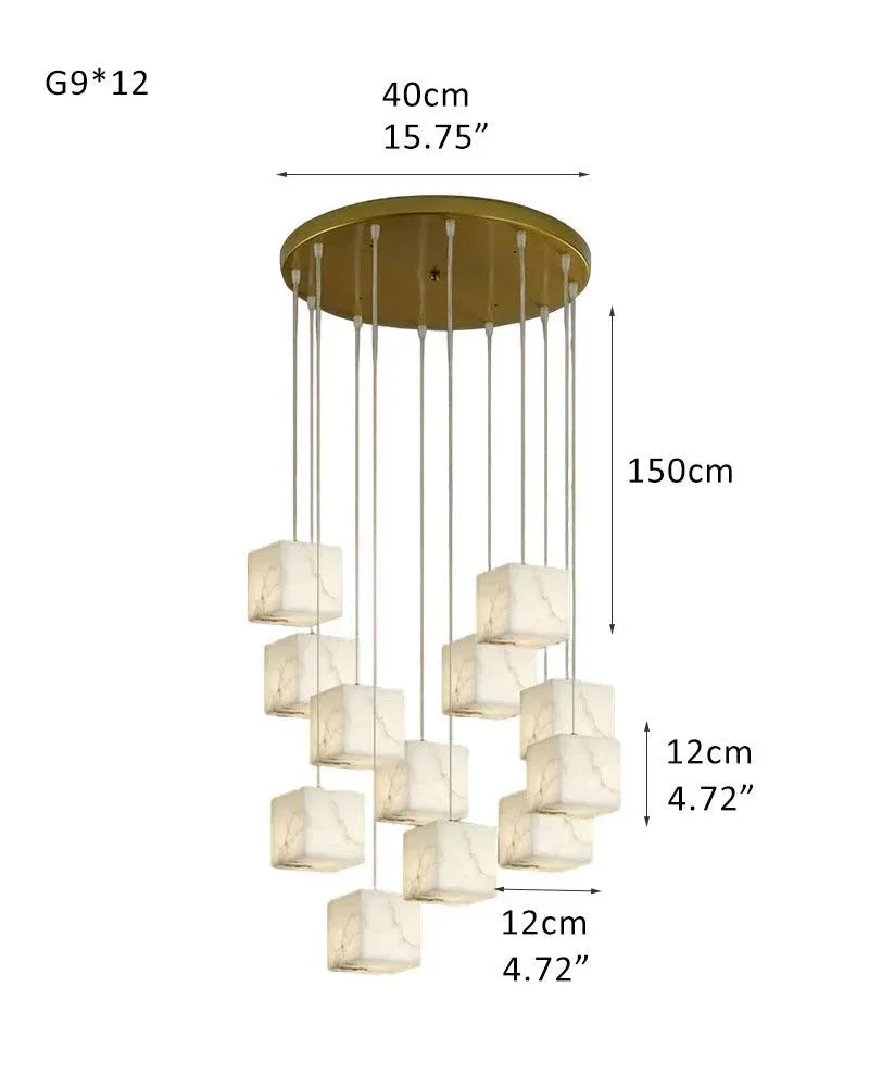 25-light Cluster Alabaster Pengdant Lighting for high ceiling lobby | Mini Cube Shaped 12-light-D12*H12cm D4.72*H4.72" White + Brass Modern Pendant lamp