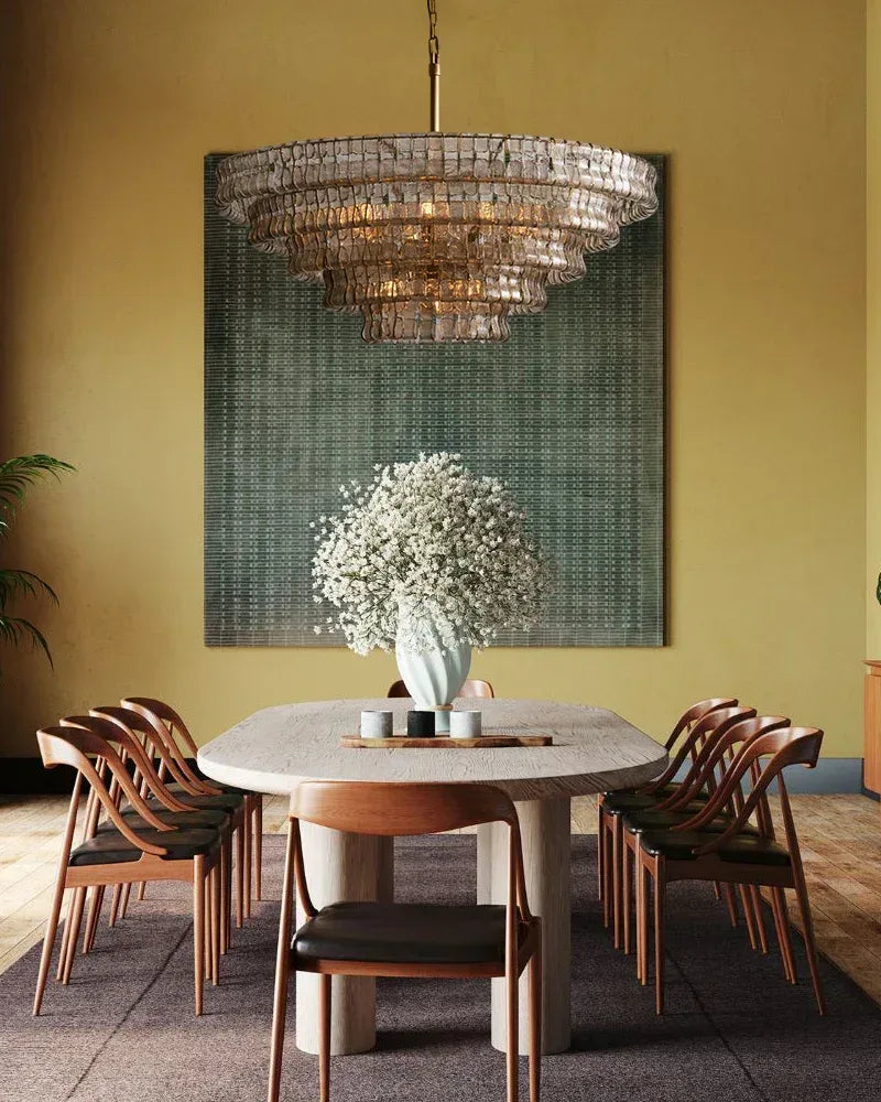 LightsStory Series Ethereal Chandelier | Tiered Round Textured Curved Glass and Aluminum Chain, Plated-Brass or Black Accents for Dining Rooms and Living Areas American chandelier
