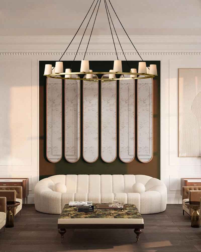 Ravello Series Geometric Linear Chandelier | Open Circular Classic brass structure with modern beige fabric shades, Lacquered Burnished Brass and Black for Dining rooms, kitchens, and entryways American chandelier