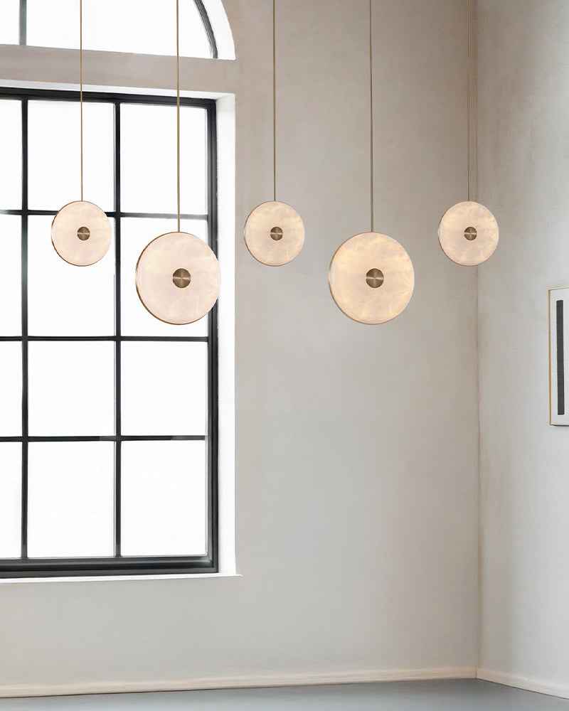 Lausanne Series Geometric Chandelier | Round Cluster Hand-selected alabaster diffusers with metal rod framework, Aged Brass and Black finish for Kitchen islands, entryways, and dining rooms Modern Pendant lamp
