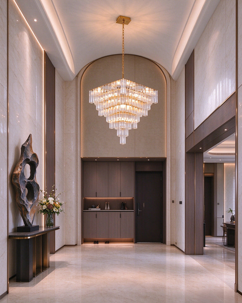Parisian Cascading Waterfall Crystal Ghiaccio Prism Chandelier - Textured Glass, Lux Gold Trim - Living Rooms, Bedrooms, Dining Rooms