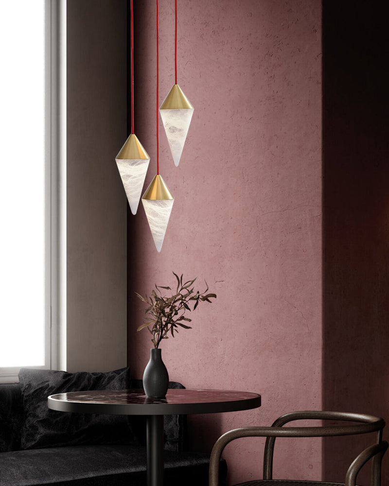 polished brass pendant light | cone alabaster bedroom lighting