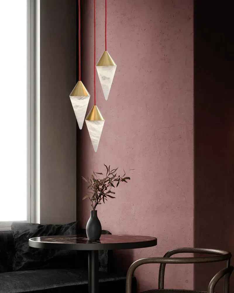 LightsStory Series Ethereal Pendant Light | Conical Cluster Natural Alabaster Shades with Brass and Black Metal Accents, Polished Brass and Sleek Black Metal for Dining Rooms and Entryways Modern Pendant lamp