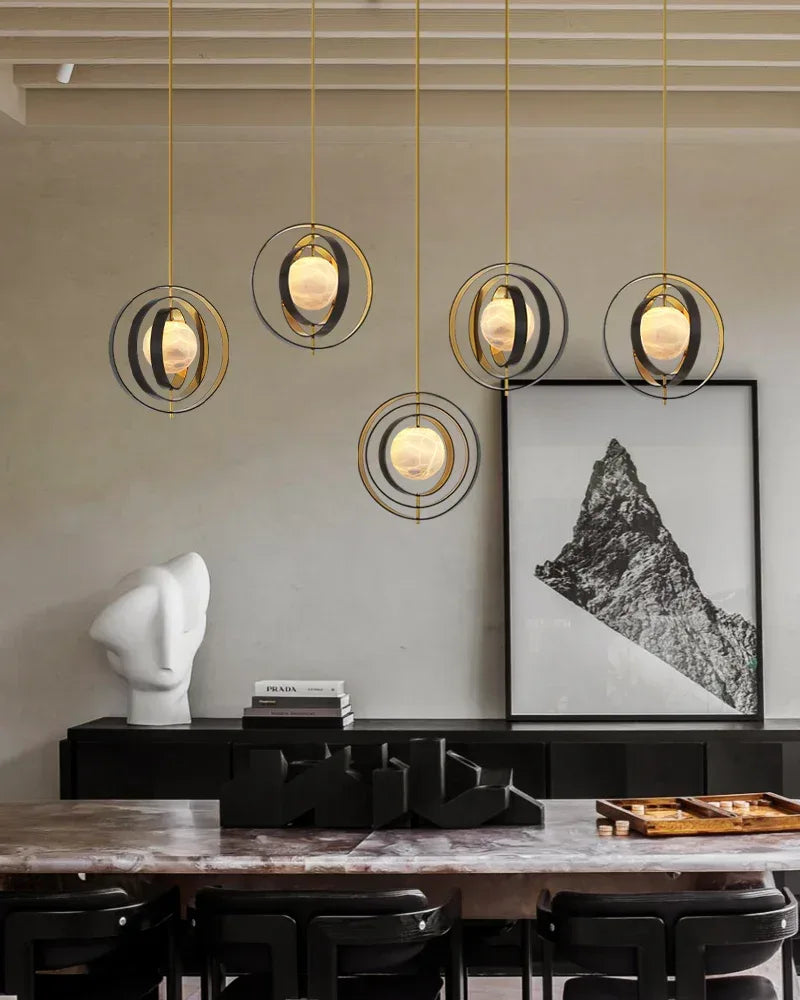 Modern Alabaster Round Chandelier Pearl - Gold & Bronze Rotatable Ring Highlight Finish Modern Pendant lamp