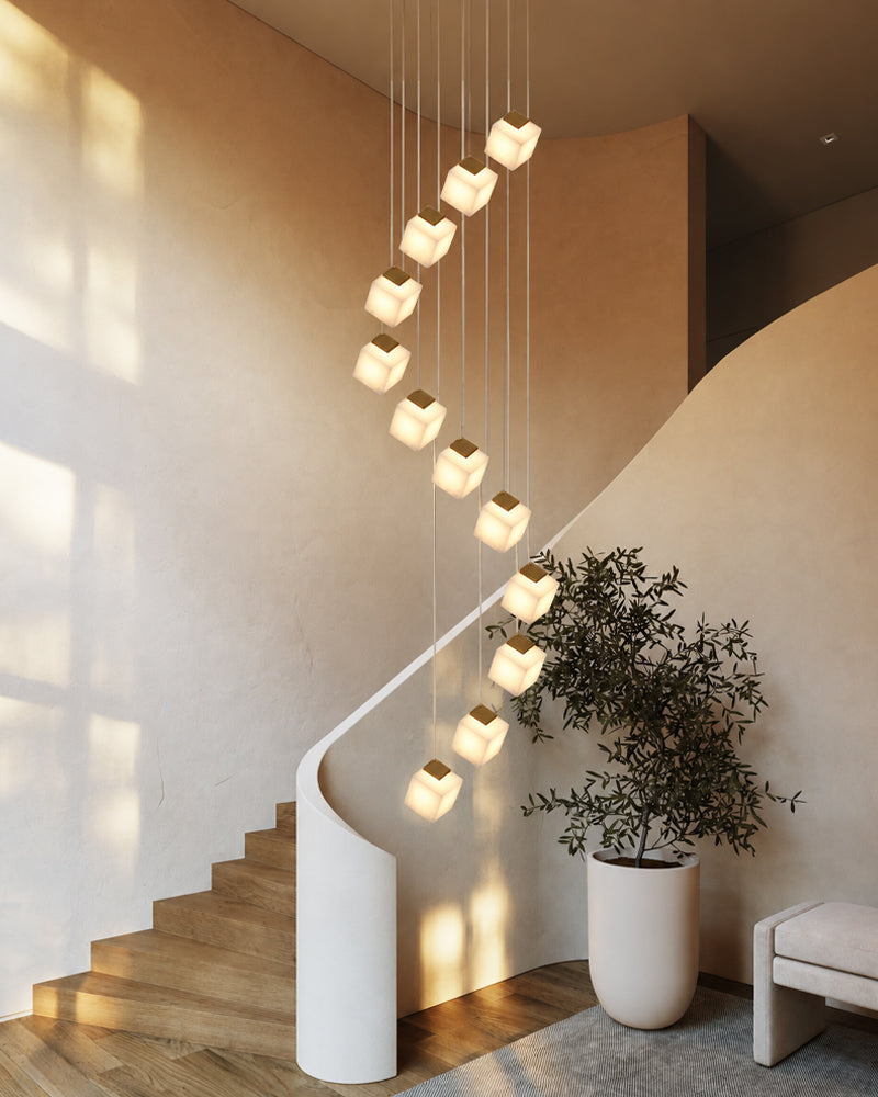 Alabaster Cube Cluster Sculptural Pendant Light - Natural Spanish Alabaster, Lux Gold Trim - Lobby, Foyer, Stairwells and High Ceilings