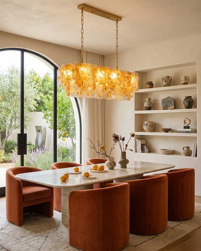 Chiara Murano Glass Contemporary Amber Panel Linear Chandelier - Lux Gold Trim - Kitchen Islands & Dining Rooms