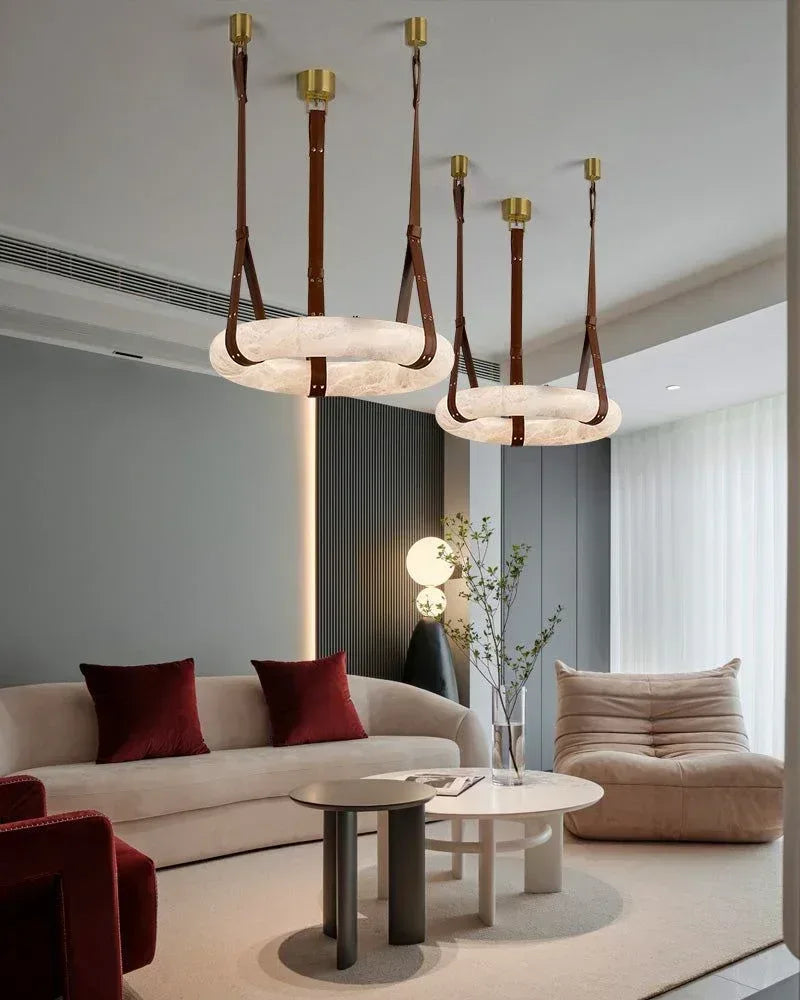 American Coastal LED Round White Marble Pendant Lighting with Brown Leather Belt American chandelier