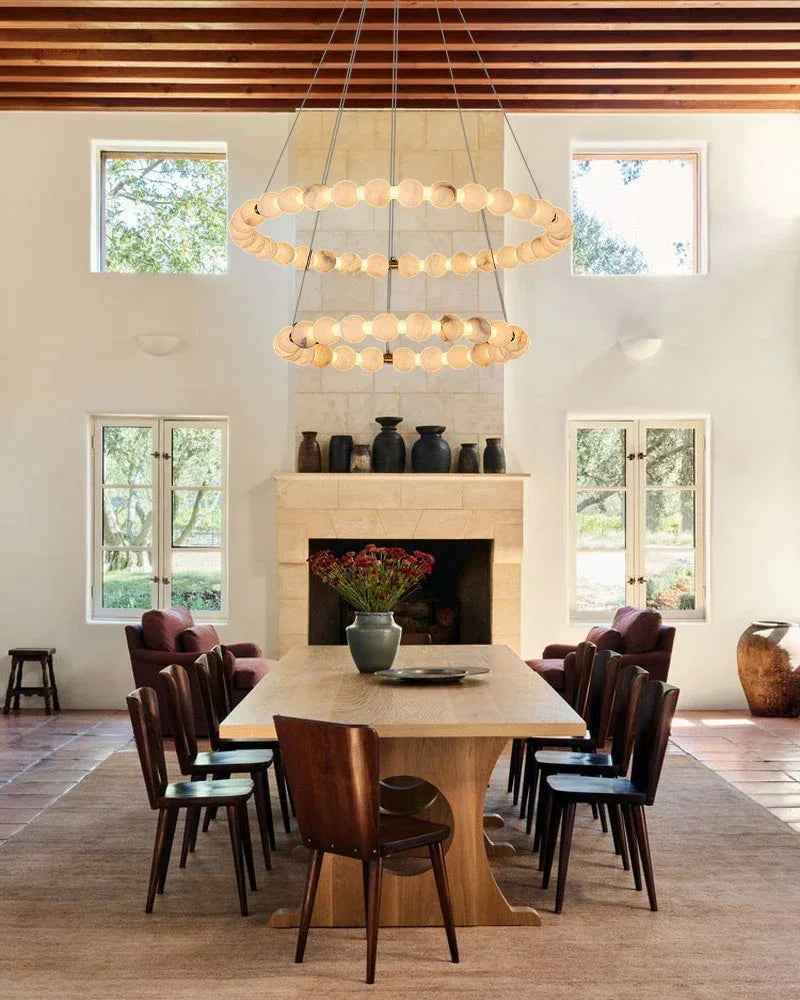 LightsStory Series Ethereal Chandelier | Triple Circle Natural Spanish Alabaster, Gleaming Metallic for Spacious Lofts and Cozy Nooks Luxury Modern Chandelier