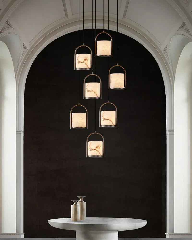 LightsStory Series Geometric Pendant Light | Cluster Dome Carved Organic Alabaster and Geometric Brass, Matte Black and Brass Edges for Kitchen Islands and Entryways Modern Pendant lamp