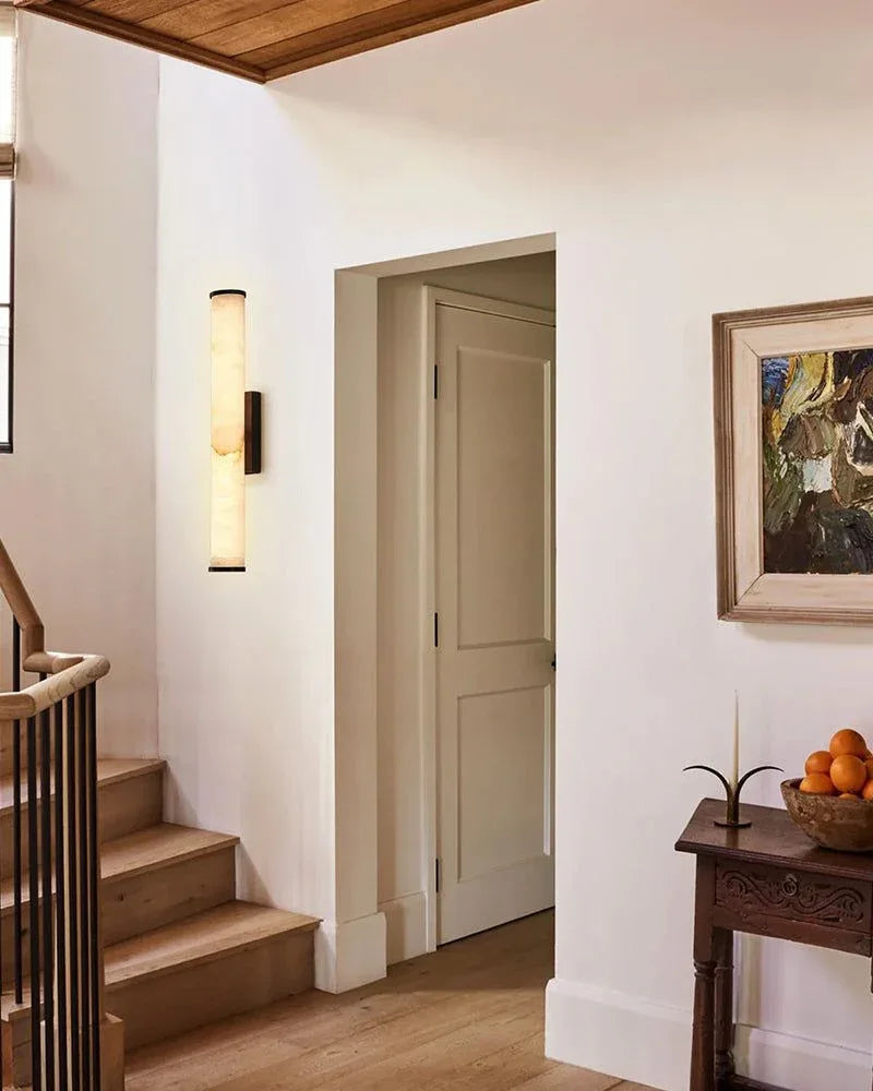 LED Copper Cylindrical Natural Marble Alabaster Wall Sconce Lamp,H30/40/50/60CM Flush Mounted Wall Sconce Lamp