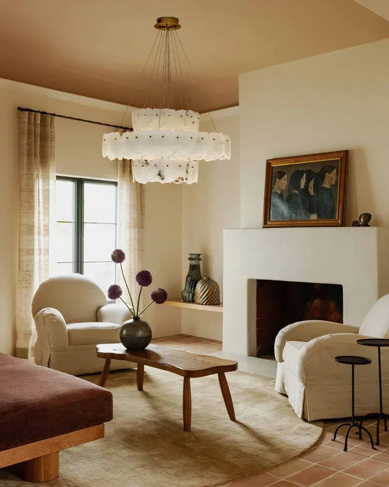 Elegant Light 3 Tier Alabaster LED Chandelier Wide 40" with Stain Gold Ring for High Ceiling American Vintage chandelier lamp