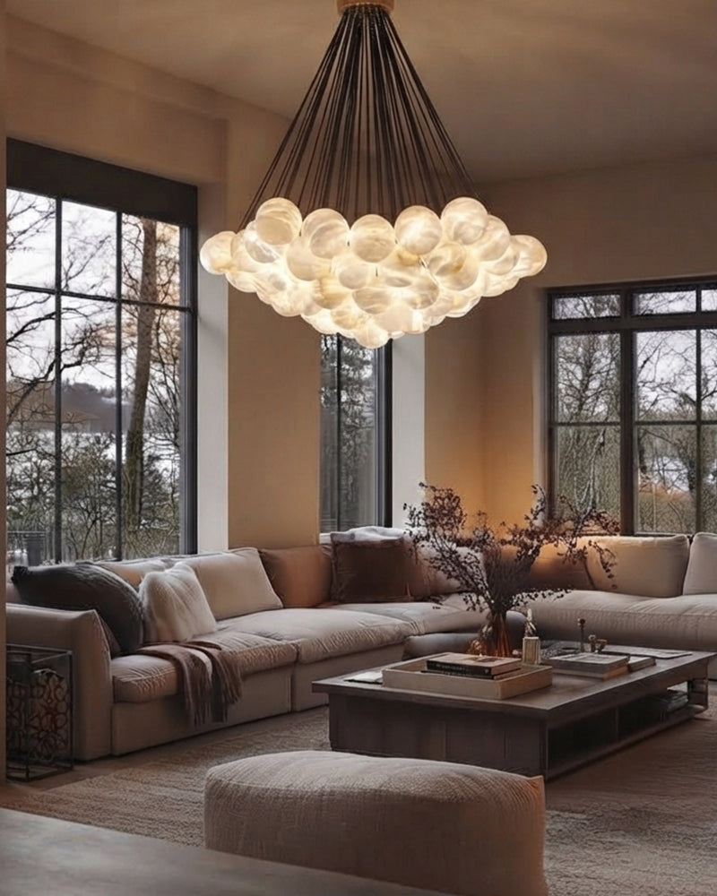 Alabaster Sphere Cloud Sputnik Bouquet Cluster Chandelier - Natural Spanish Alabaster, Serene Black Trim - Living Rooms, Dining Rooms, Lobby, Stairwells