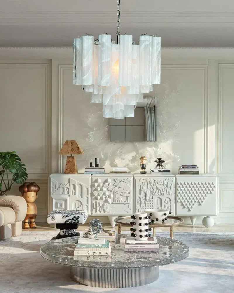 Cortina Series Cascading Chandelier | Multi-Tier Murano Glass Handcrafted Fluted Pink Murano Glass Tubes, Satin Brass for Grand Entrances and Dining Rooms American chandelier