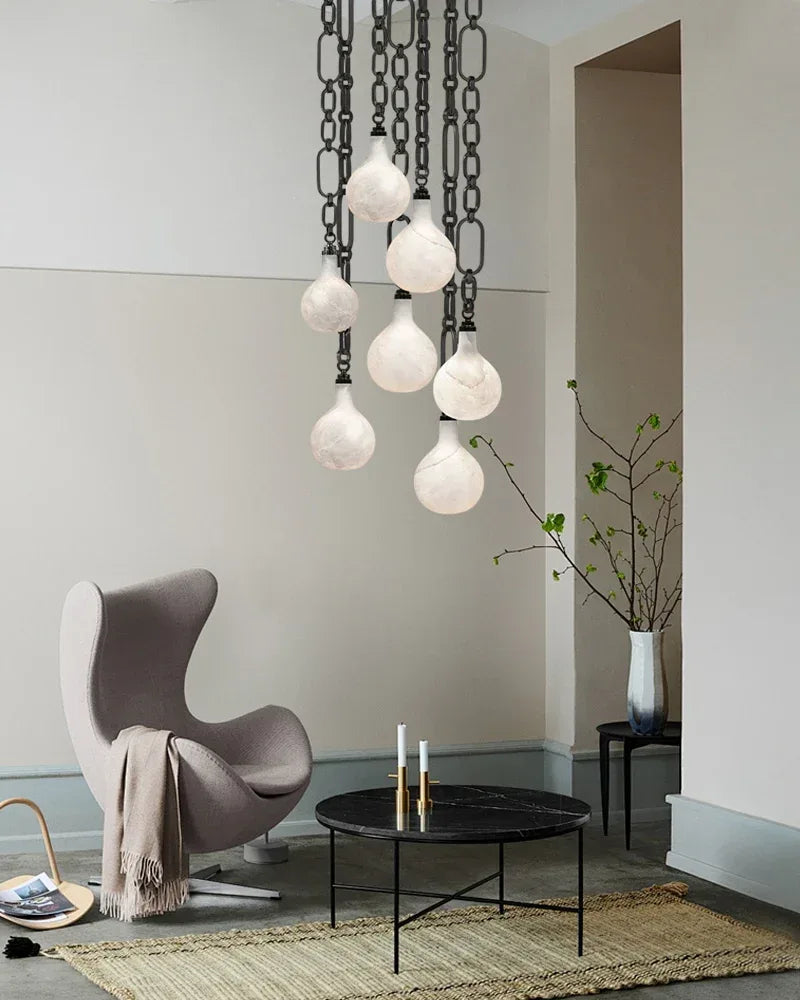 Cluster White Alabaster Globe Pendant Light with adjustable chain | 6" Living room Statement American chandelier