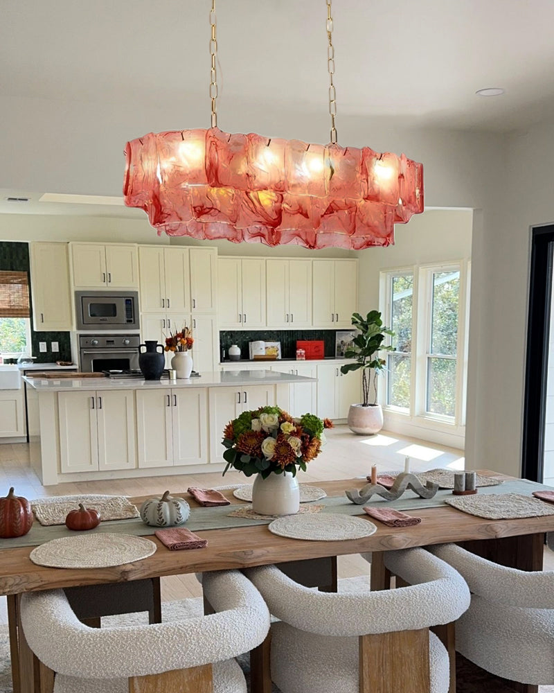 Chiara Murano Glass Contemporary Blush Pink Panel Linear Chandelier - Lux Gold Trim - Kitchen Islands & Dining Rooms