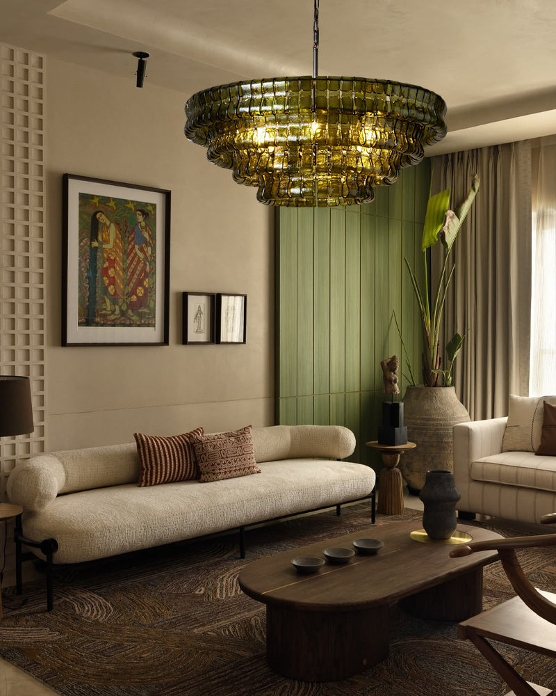 Brina Ghiaccio Murano Glass Smoked Green Cascade Pendant Light - Textured Glass, Heritage Brass Trim - Living Rooms & Dining Rooms
