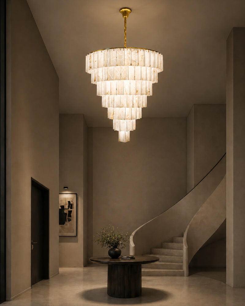 Linear Rectaggered Alabaster Panel Chandelier - Multi-layer Stone