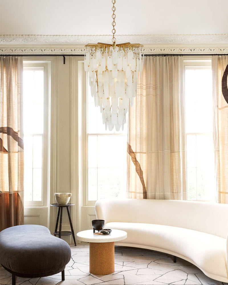 St. Moritz Series Ethereal Semi-Flush Chandelier | Oval Profile Genuine Natural Alabaster Stone, Elegant Brass or Black finish for Modern, rustic, and contemporary interiors American chandelier