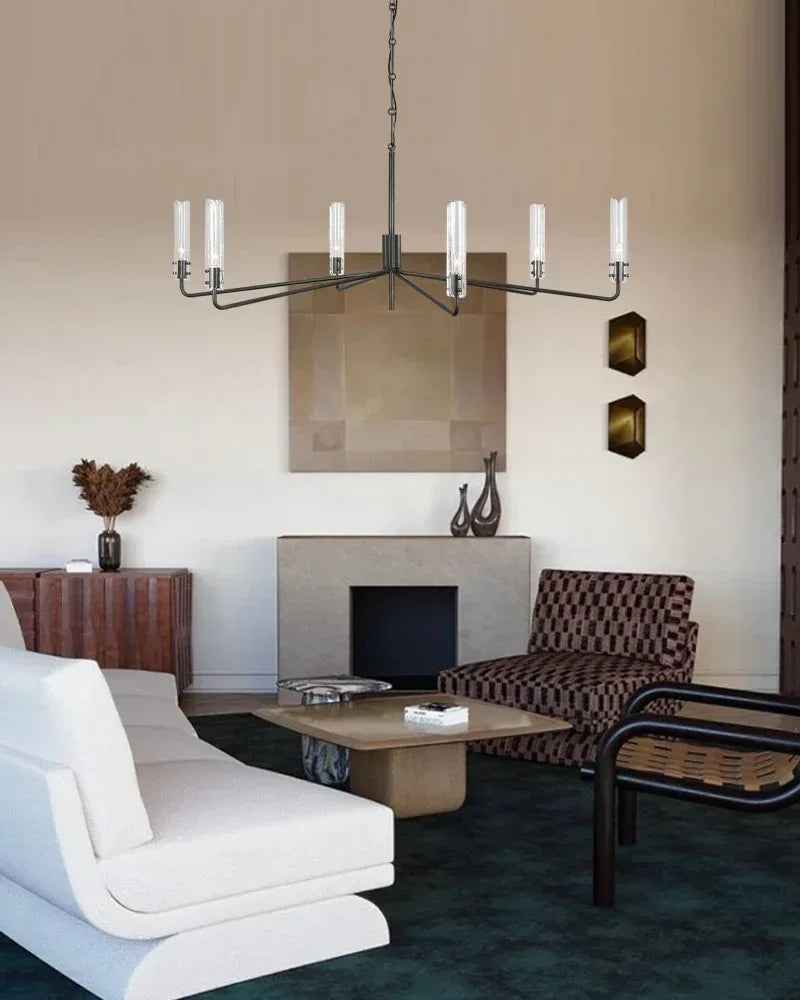 Lugano Series Geometric Chandelier | Two-tier linear Textured Slender Clear Glass Cylinders, Brushed Chrome for High ceilings and grand rooms American chandelier