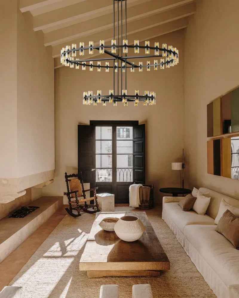 Biarritz Series Grand Chandelier | Double Tier K9 Crystal Superior K9 crystal shades with a robust solid copper frame, Lacquered Brass and Black finish for Grand Foyers, Dining Rooms, and Banquet Halls American chandelier