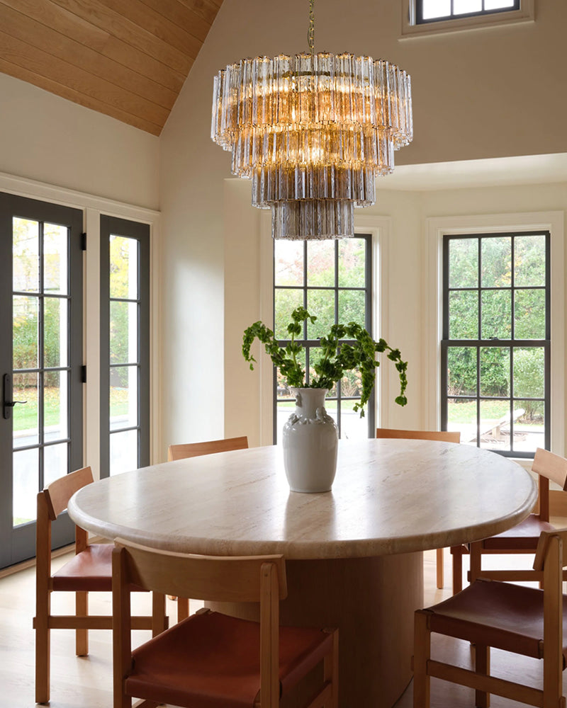 Cortina Murano Glass Multi Tiered Smoke Tinted Amber Ghiaccio Waterfall Chandelier - Hand-Blown Murano Glass, Lux Brass Trim - Living Rooms, Bedrooms, Dining Rooms
