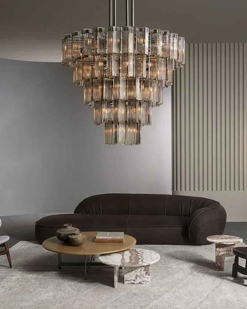 Saint-Cirq Series Geometric Chandelier | Tiered Round Hand-Arranged Reeded Glass and Sturdy Steel, Black Steel for Grand Entryways and Dining Rooms American chandelier