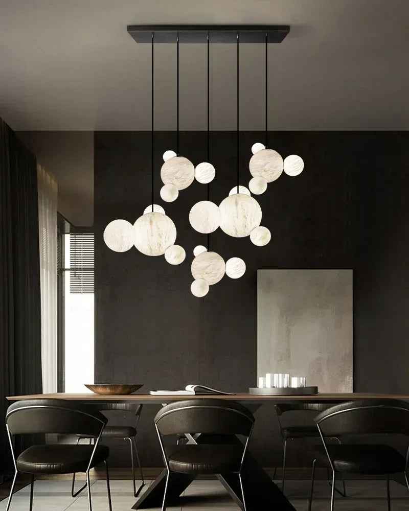 LightsStory Series Ethereal Pendant Light | Alabaster Globe Cluster Hand-Carved Natural Alabaster and Vintage Metal, Nordic Black and Gold finish for Dining Rooms and Kitchen Islands American chandelier