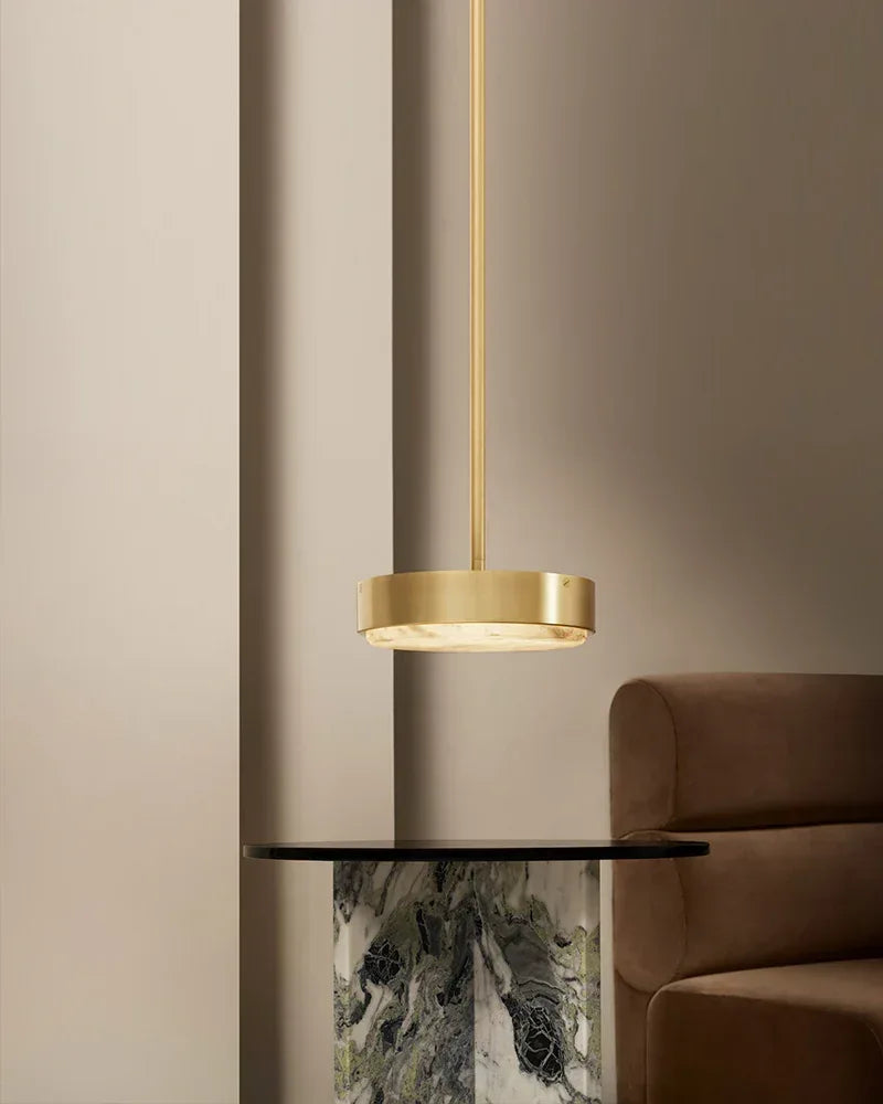 Knokke Series Geometric Suspension Lamp | Modular Dome Hand-honed natural alabaster disc, Satin brass finish for Dining tables, kitchen islands, and bedrooms Modern Pendant lamp