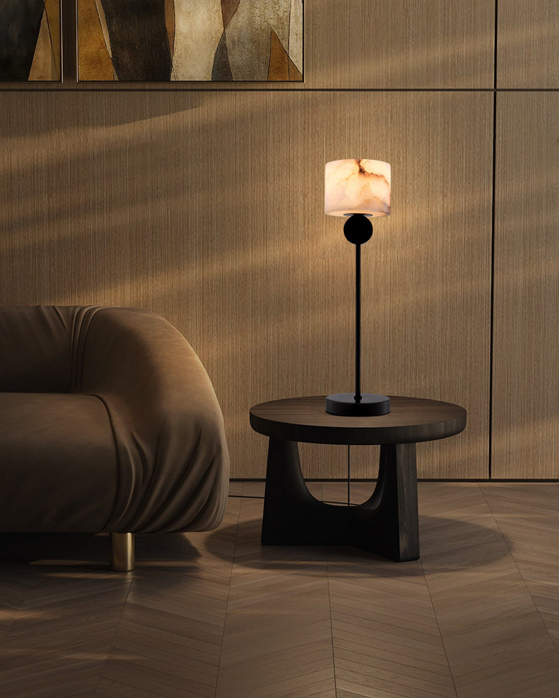 Alabaster Cube Headed Antique Stem Floor Lamp - Natural Spanish Alabaster, Serene Black Base - Bedroom & Living Rooms