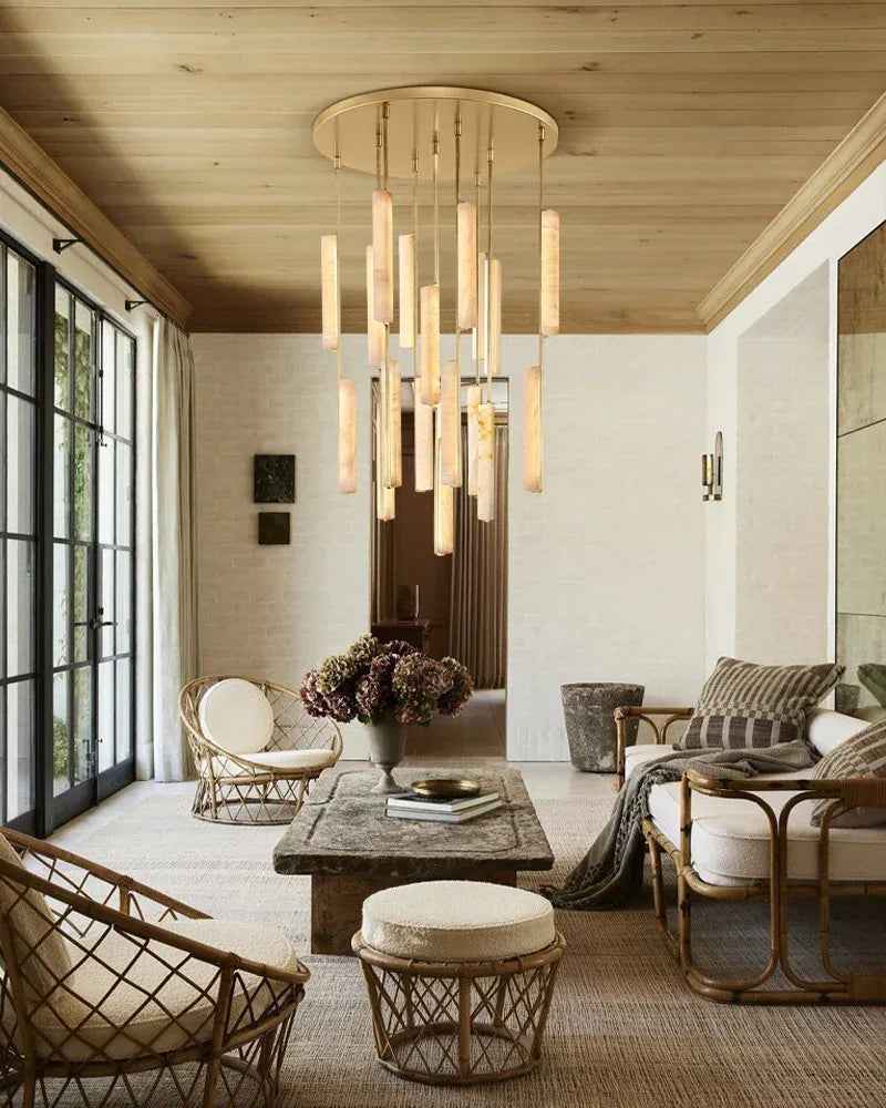 Valence Series Architectural Pendant Light | Vertical Linear Raw Veined Alabaster and Lacquered Burnished Brass, Lacquered Burnished Brass and Black Rod for Dining Rooms and Gallery Spaces American Vintage chandelier lamp