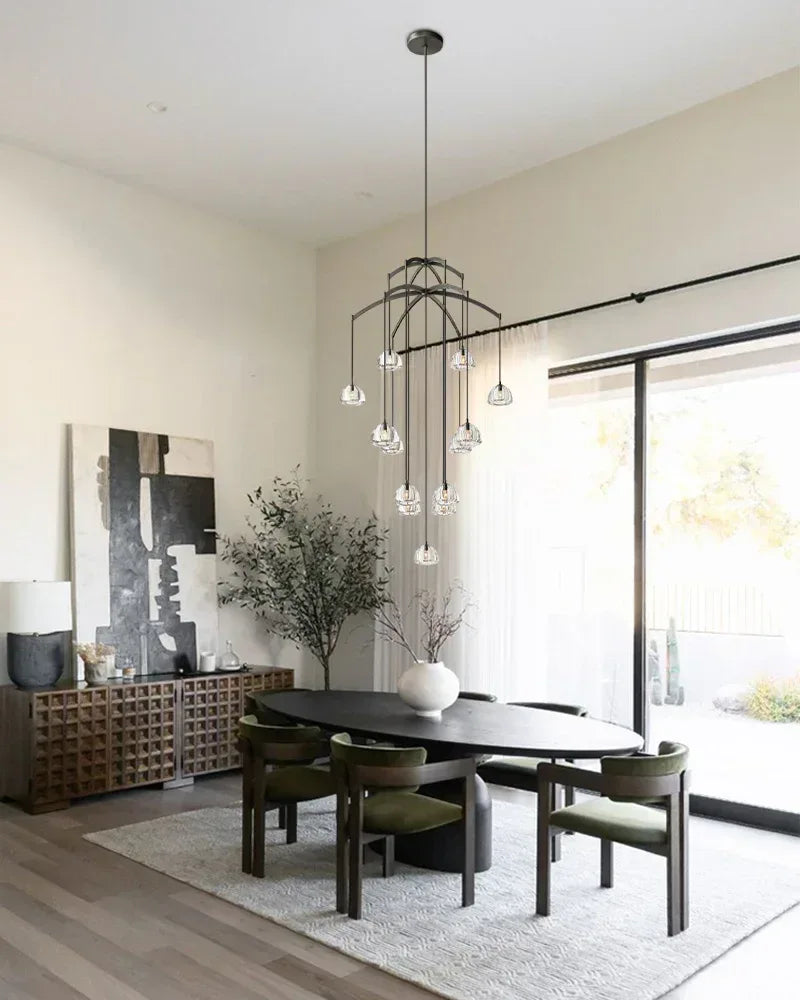 Verbier Series Ethereal Chandelier | Crystal Hemisphere Lathe-carved solid crystal blocks and solid brass frame, Brushed Black Steel finish for Grand Foyers and Dining Rooms American chandelier