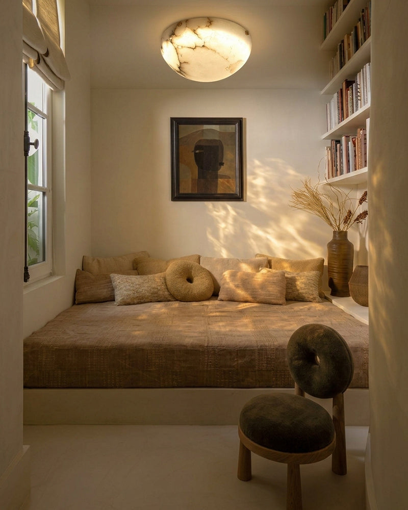 Alabaster Round Dome Bowl Ceiling Light - Natural Spanish Alabaster Dome, Flush Mount - Bedrooms, Hallways, Bathrooms & Living Rooms