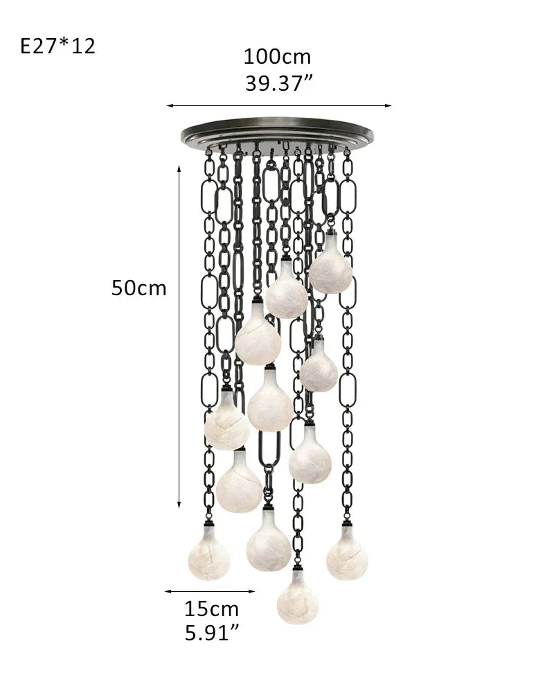 Cluster White Alabaster Globe Pendant Light with adjustable chain | 6" Living room Statement 12-light-D15cm D5.91" Black Chain + White American chandelier