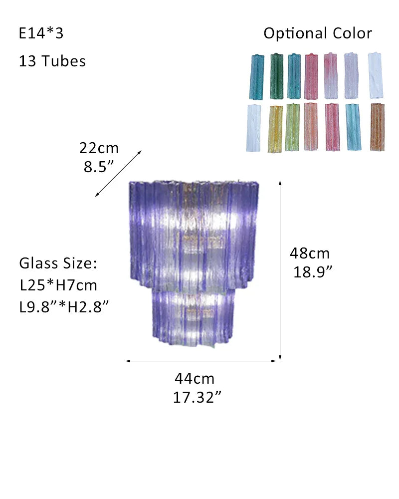 Modern Colored Murano Purple Glass Tube Tronchi Chandelier W-D44*H48CM D17"*H19"(13 tubes) Purple Glass + Silver Frame American chandelier