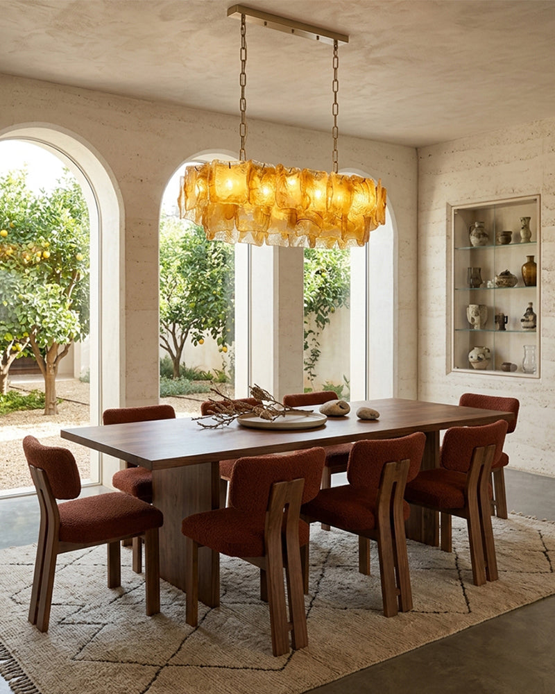 Chiara Murano Glass Contemporary Amber Panel Linear Chandelier - Lux Gold Trim - Kitchen Islands & Dining Rooms