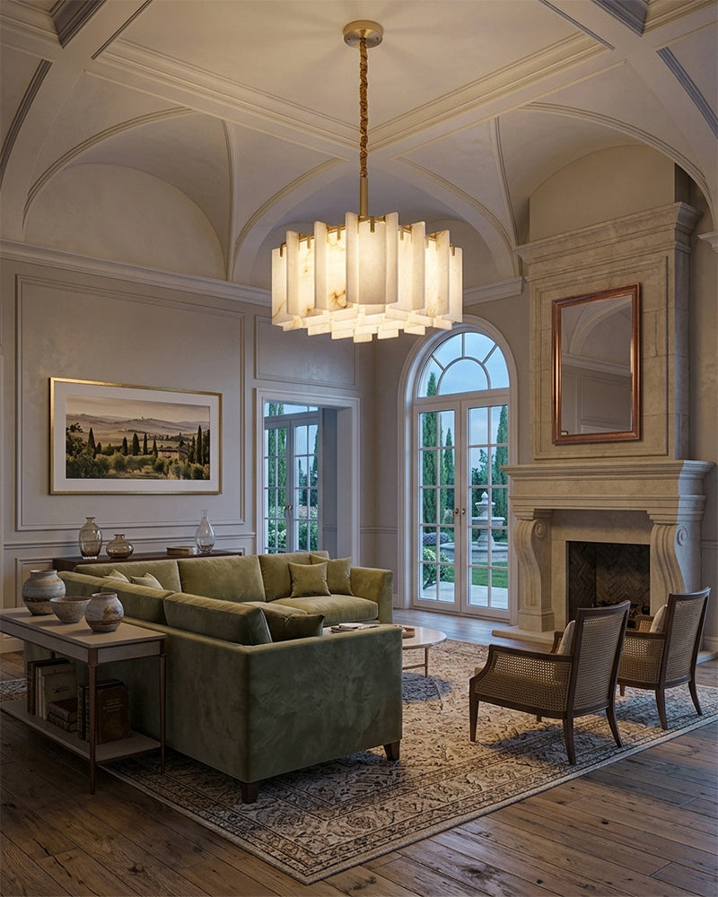 Alabaster Concentric Lattice Square Panel Chandelier - Natural Spanish Alabaster, Custom, Lux Brass Trim - Living Rooms, Bedrooms, Dining Rooms