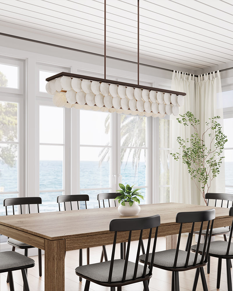 Alabaster Concentric Ring Disc Linear Kitchen Island Chandelier - Natural Spanish Alabaster, Heritage Brass Trim - Kitchen Islands & Dining Rooms