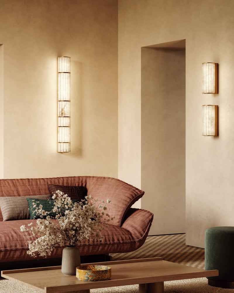 LightsStory Series Prismatic Pendant Light | Linear Natural luminous alabaster with leather strap suspension, Natural Alabaster finish for Dining tables, grand foyers, and high-end lobbies Modern Pendant lamp