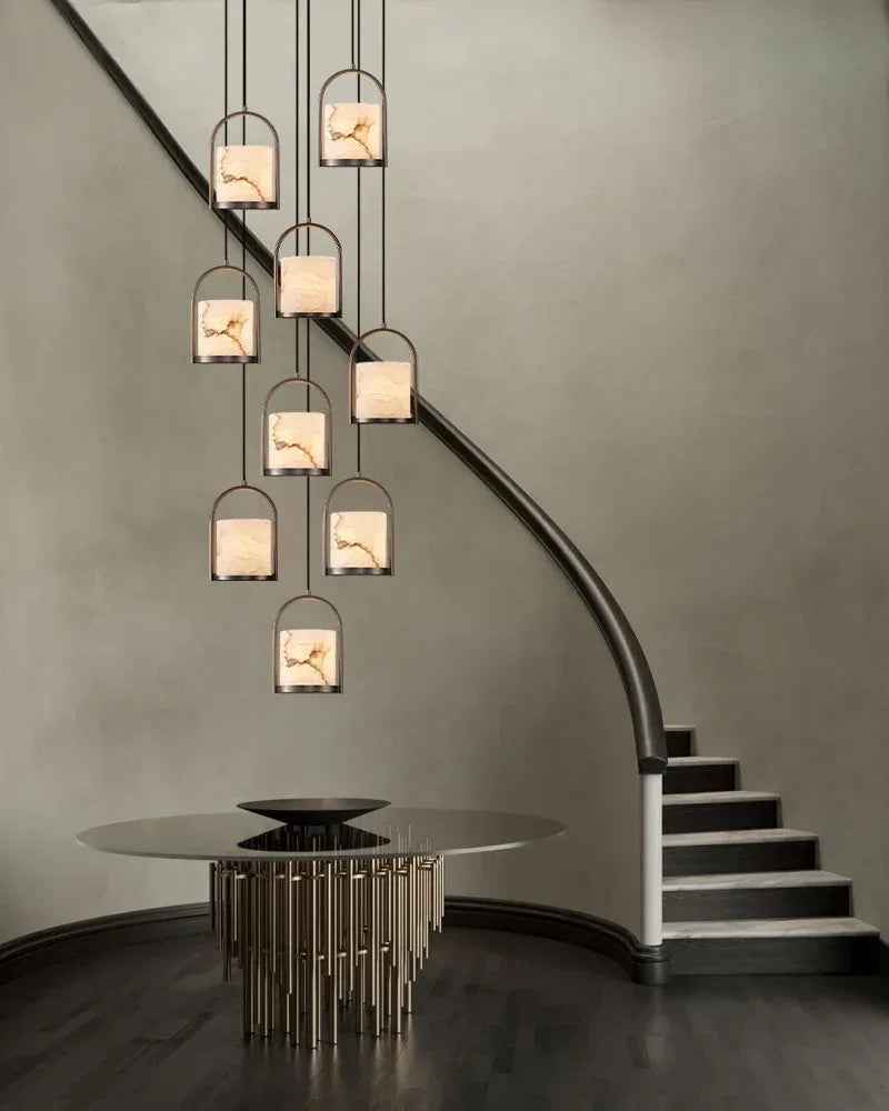 LightsStory Series Geometric Pendant Light | Cluster Dome Carved Organic Alabaster and Geometric Brass, Matte Black and Brass Edges for Kitchen Islands and Entryways Modern Pendant lamp
