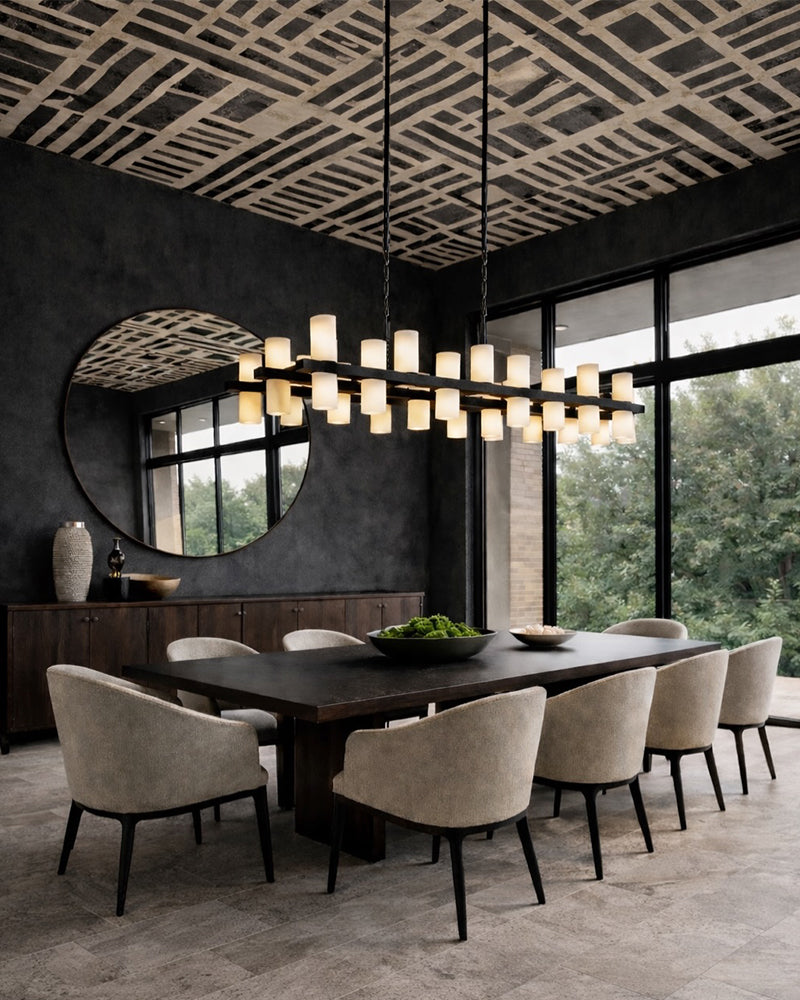 Alabaster Dual Cylinder Candle Column Linear Chandelier - Natural Spanish Alabaster, Heritage Brass Trim - Kitchen Islands & Dining Rooms