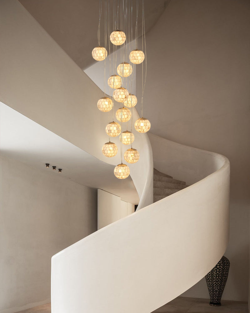 Alabaster Cascading Shell Globe Multi Ball Pendant Light - Natural Spanish Alabaster Spheres, Lux Gold Trim - Kitchens, Dining & Living Rooms