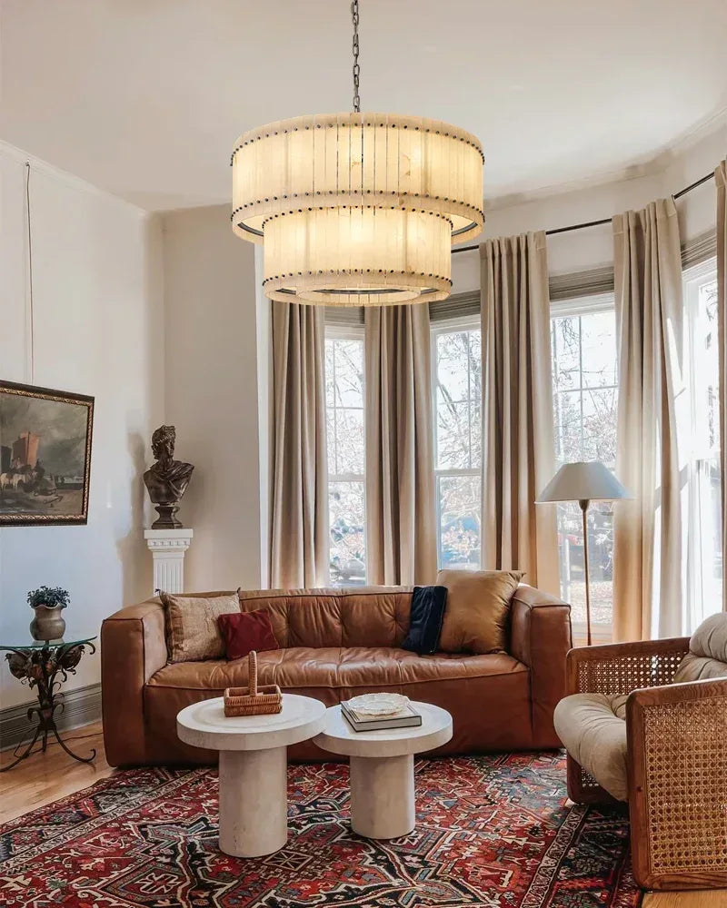 Val d’Isère Series Architectural Chandelier | Double Tier Drum Hand-carved alabaster panels with durable steel frame, Mid-century steel finish for Dining rooms, foyers, or offices American Vintage chandelier lamp