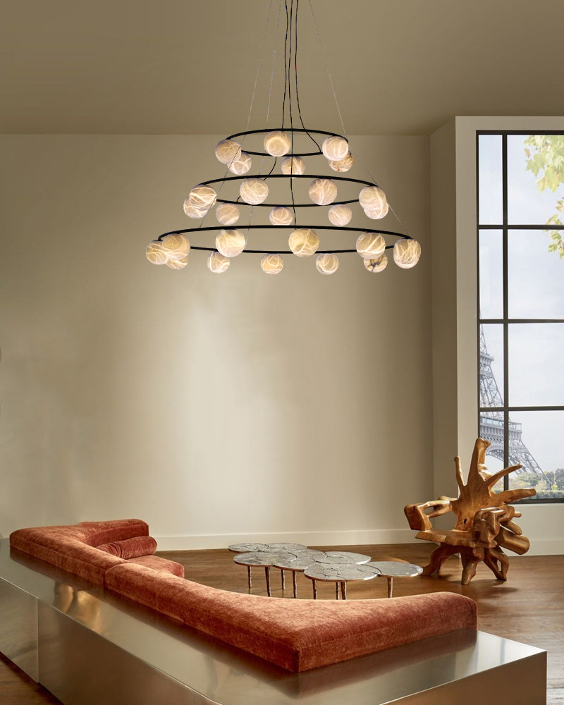 Alabaster Orb 3 Ring Chandelier in Black/Brass Framework | Modern Living Room