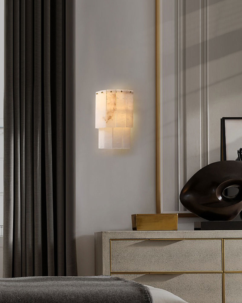 Stylish bedroom with marble 2-layer wall light and modern decor.