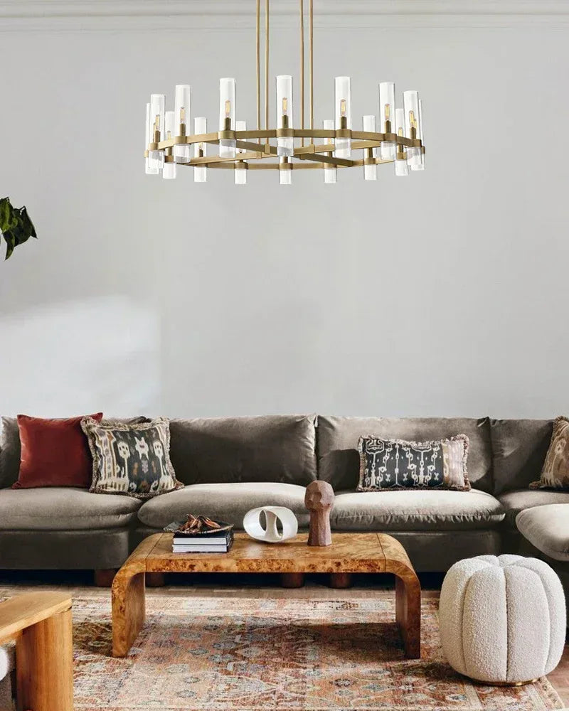 Ravelle Series Geometric Chandelier | Linear Premium hand-blown glass and solid brass construction, Lacquered black brass finish for Dining Rooms and Kitchen Islands American chandelier