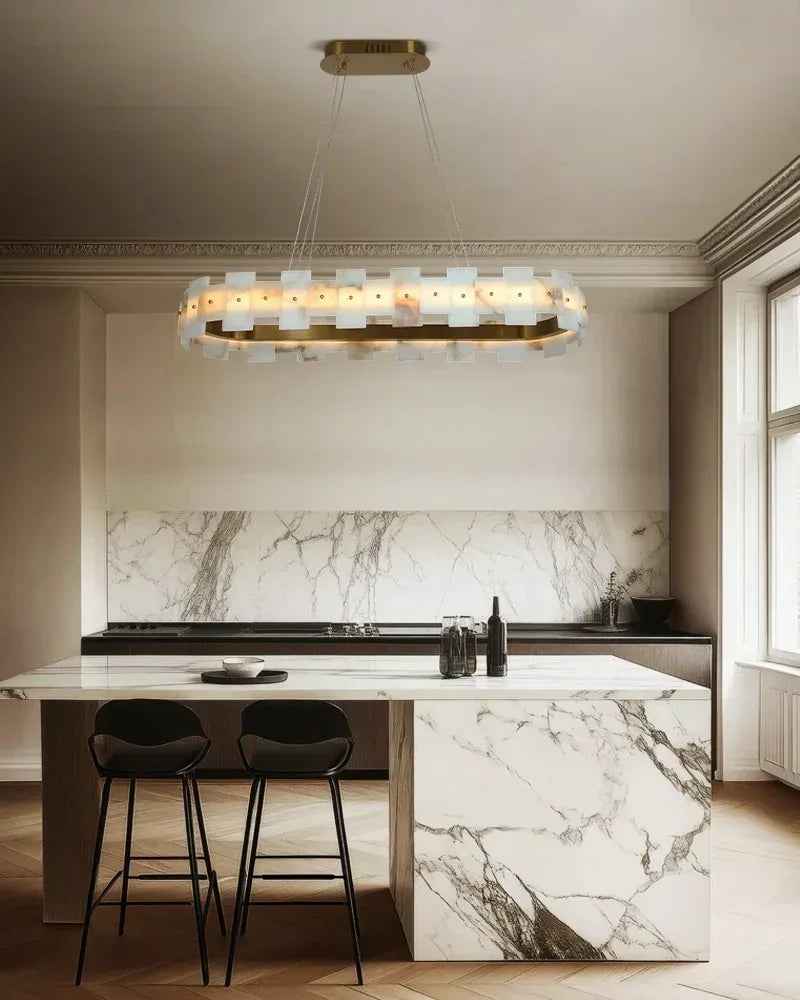 LightsStory Series Geometric Chandelier | Halo Ring Natural Alabaster panels with Antique Brass frame, Antique Brass finish for foyers and dining rooms Luxury Modern Chandelier