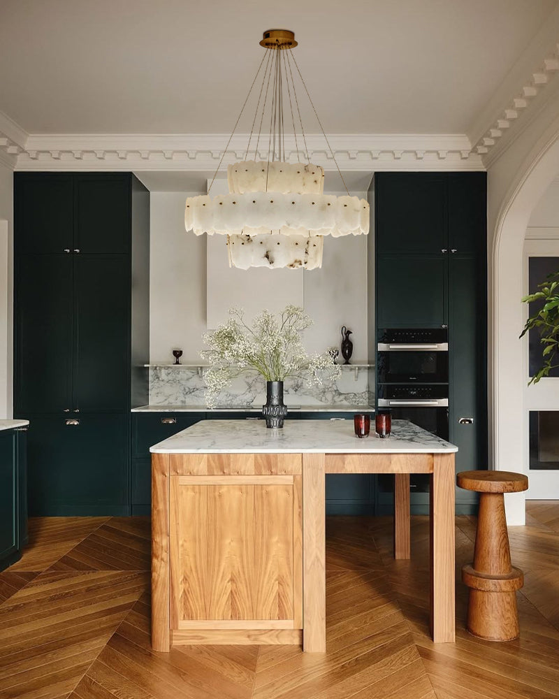 6-tiered stairwell chandeliers | irregular alabaster plate in disk ceiling with long cord