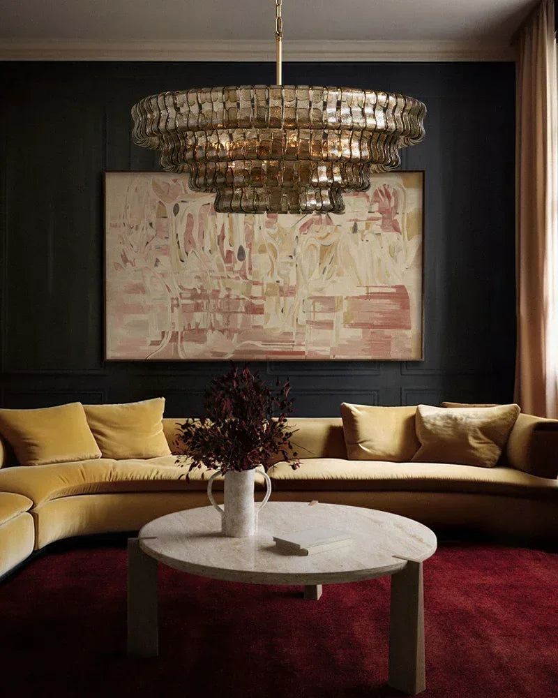 LightsStory Series Ethereal Chandelier | Four-Tiered Round Curved Textured Glass and Aluminum, Plated-Brass and Bronze for Dining Rooms and Grand Foyers American chandelier